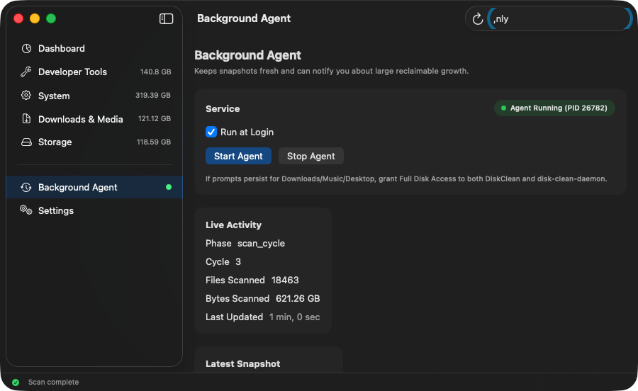FreeMyMac Background Agent monitoring disk usage with live activity stats