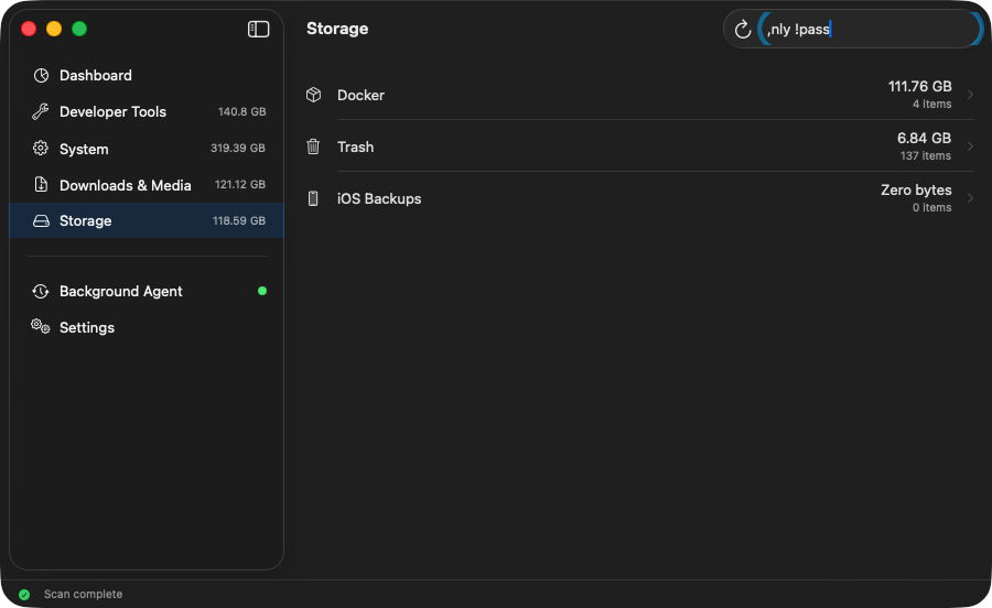 FreeMyMac Storage view showing Docker (111 GB), Trash (6.84 GB), and iOS Backups